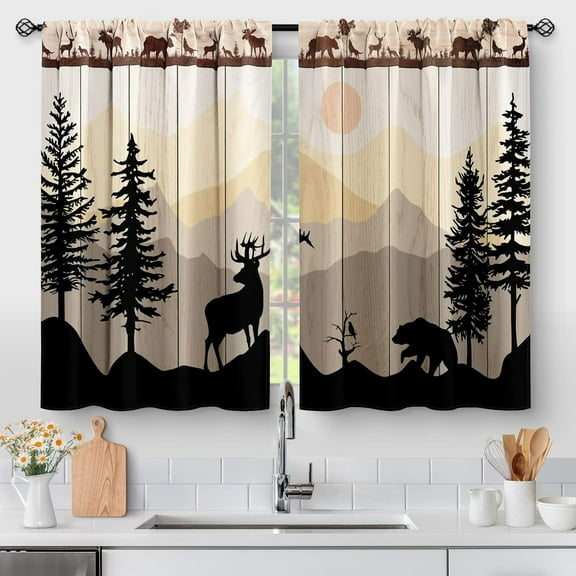Kitchen Curtains Forest Sunset - Country Rustic Farmhouse Short Cafe Curtains Decor for Dining Room Tier Curtains Over Sink Retro Tree Bear Deer Rod Pocket Window Drapes 36 Inch Length 2 Panels
