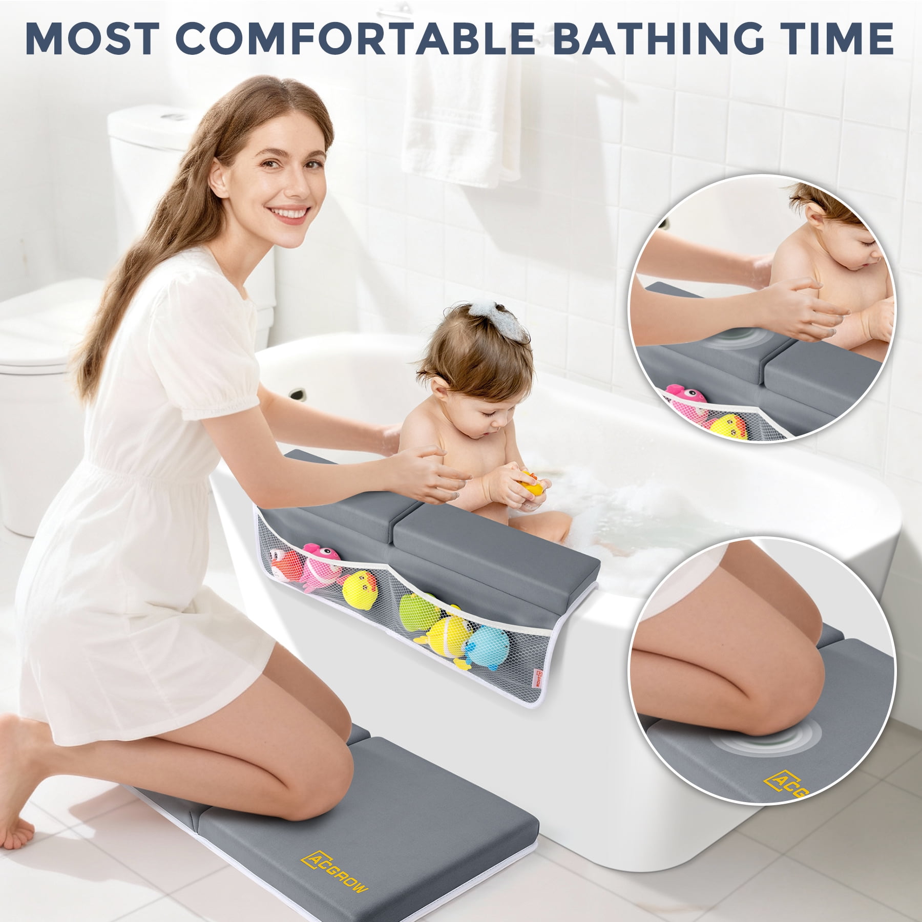 ACGROW Bath Kneeler and Elbow Rest Pad Set - 1.5" Thick Baby Bath Kneeler Pads with Toys Organizer, Anti-Slip Cozy Knee & Arm Support Bathtub Mat, Quick Dry Kneeling Pad for Baby Bath Time Dark Gray