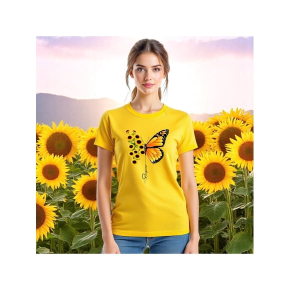Blusa con Estampado de Mariposa y Girasoles – Diseño Único y Significativo Color Amarillo Talla Grande Marca Emil SaEs