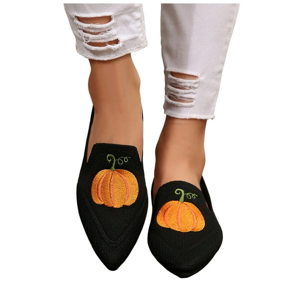 Women's Fashion Halloween Ballet Flats Pointed Toe Embroidery Knit Loafers Breathable Casual Dressy Shoes