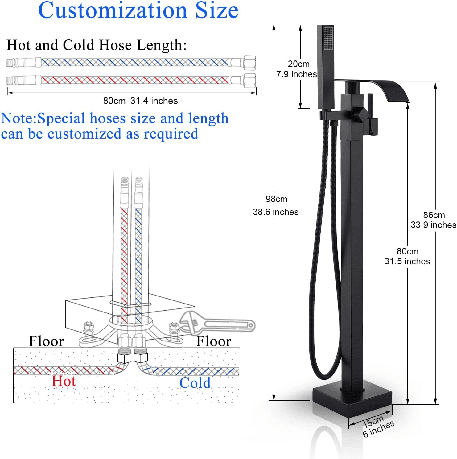 Matte Black Floor Mounted Bathtub Faucet Free Standing Tub Filler W/Hand Sprayer
