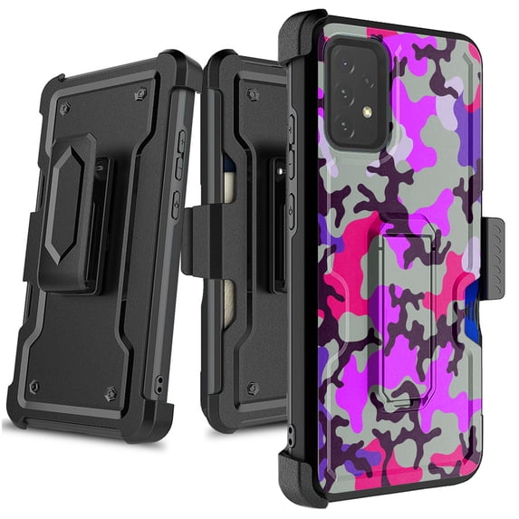 DALUX Card Holster Kickstand Phone Case Compatible with Galaxy A32 5G (2021) 6.5 inch - Purple Stylish Camo