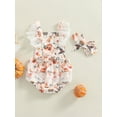 thumbnail image 4 of hirigin Summer Baby Girl Jumpsuit Set Casual Pumpkin Skull Print Lace Ruffle Trim Sleeveless Rompers and Headband, 4 of 8