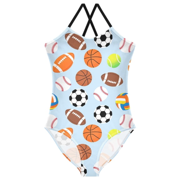 Girls Basketball Soccer Ball Print One Piece Swimsuit, Cross Back Spaghetti Strap Bathing Suit for Kids Summer Beach Pool Swimwear 7-8T
