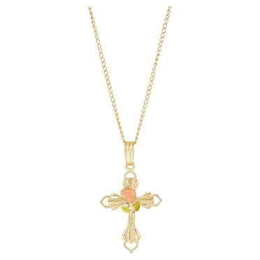 Brilliance Fine Jewelry Gold Filled Cross with Painted Rose Center Pendant, 18"