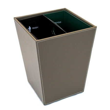Leatherette Recycle Waste Bin with Dual Liners for Home or Office. 14.5 Quart Capacity. (Brown)