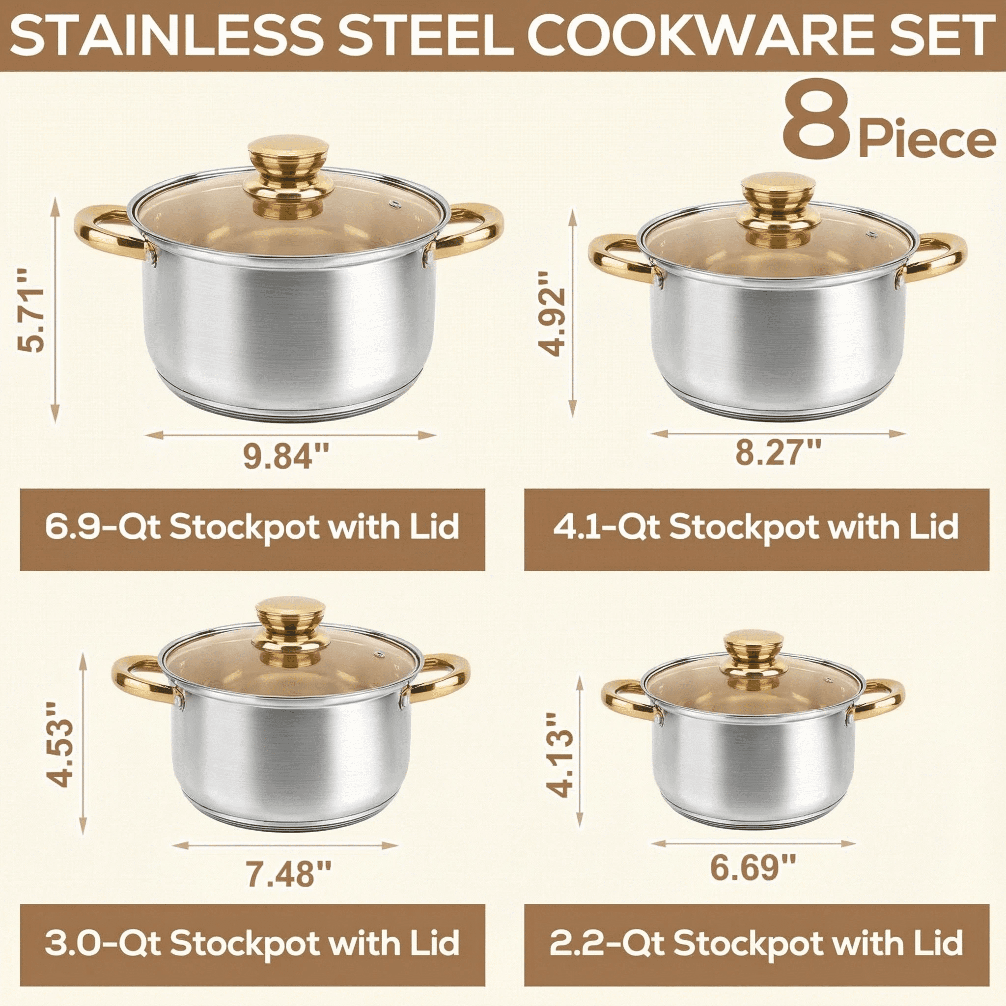 Bestdin Stainless Steel 8 Pieces Cookware Set with Lids, Gold Pots and Pans Kitchen Set Includes 4 Pots and 4 Visible Lids, Dishwasher-Safe