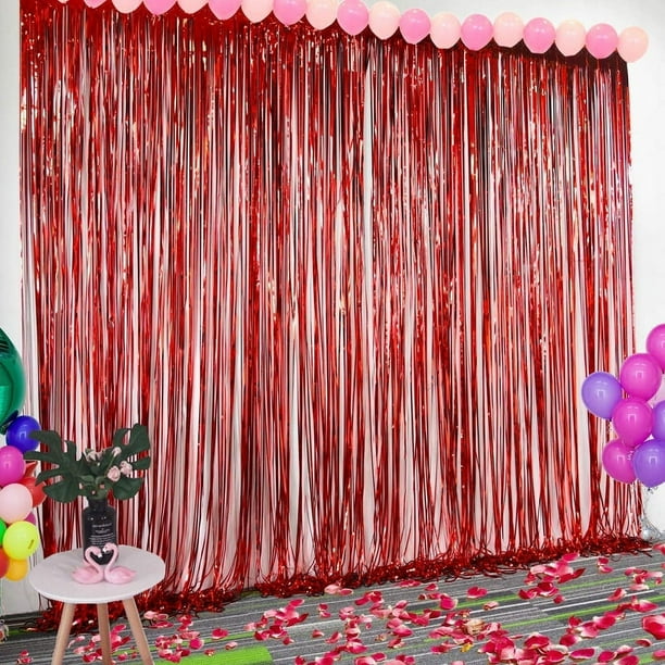 RV 4 Piezas Cortina de Flecos Metálicos 1 x 2 M, Cortina de Fondo Brillante, Decoración de Pared de Ventana para Navidad, Cumpleaños, Boda, Navidad y Fiesta (Rojo) Sailing Electrónica