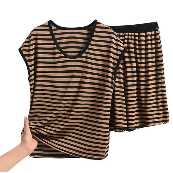 SwiftWear Plus Size Summer Cotton Pajamas for Women Set 2 Piece Striped V-Neck Loungewear Set – Soft, Oversized Sleeveless Tank Tops & Shorts with Pockets Pajamas Set 2 Piece
