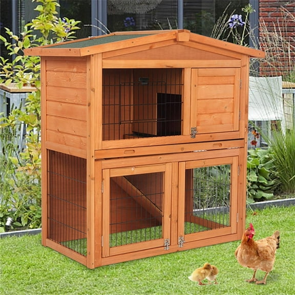 Pefilos 40" Wooden Pet Rabbit Hutch Triangle Roof Waterproof Bunny House Small Poultry Cage, Orange