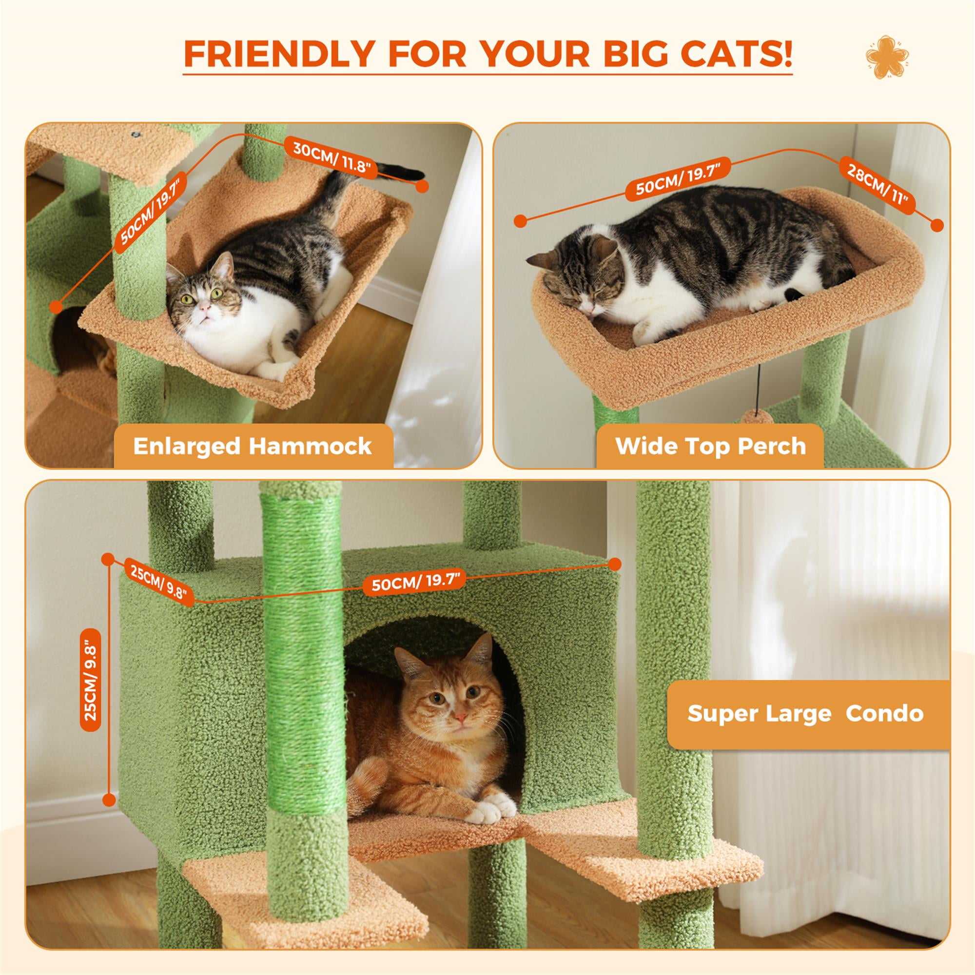 Kadyn 66" Multi-Level Cat Tree Tower for Indoor with Sisal-Covered Scratching Posts, Cat Condo with Hammock and Deluxe Perch, Green