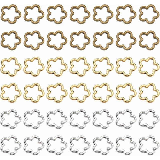 90 cuentas de metal de 15 mm en 3 colores, con marco de flores, plateadas, con agujeros dobles, de aleación colorida, estilo tibetano, con conector de flores.