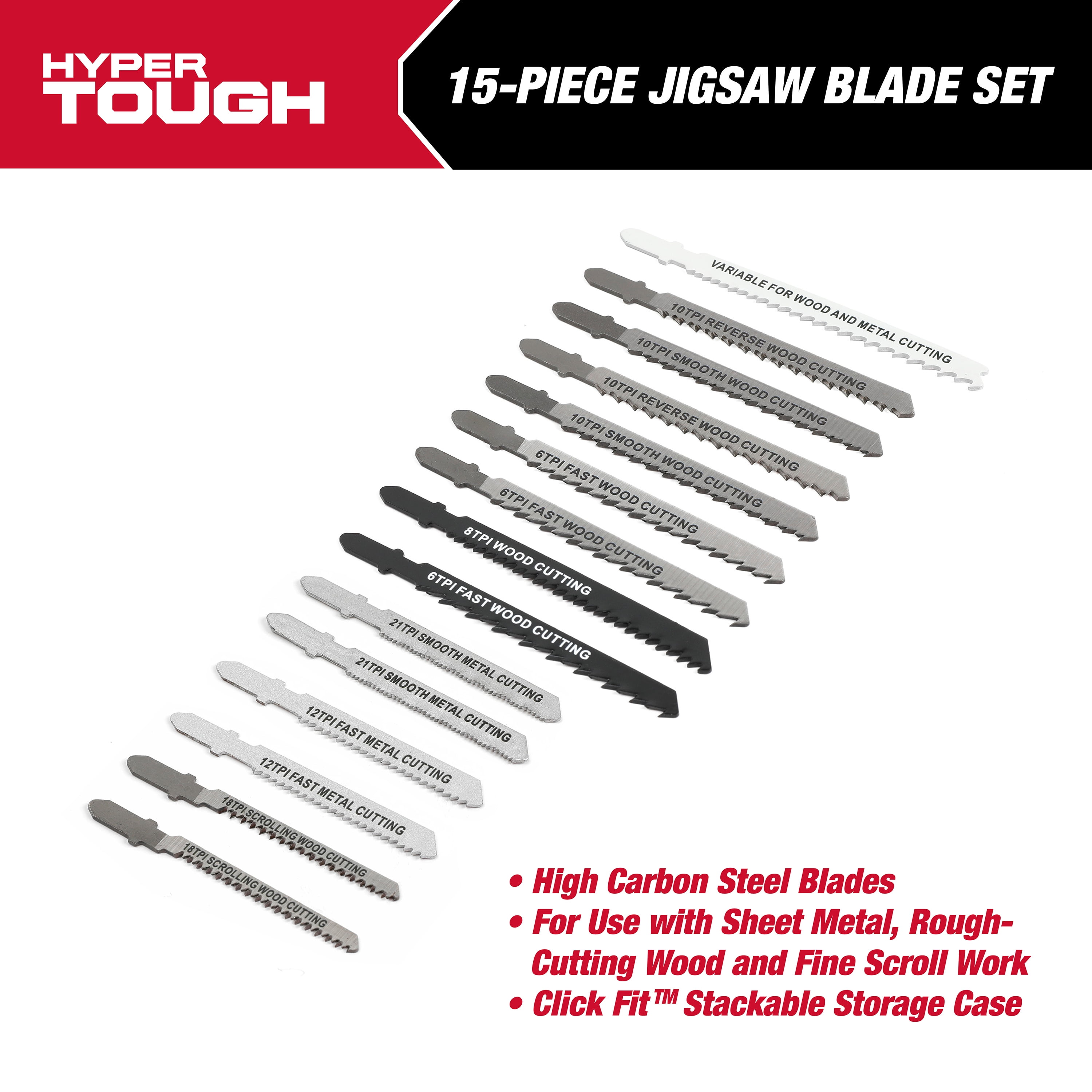 Hyper Tough 15-Piece T-Shank Jigsaw Steel Blade Set in Click Fit™ Case, Model 42984CF