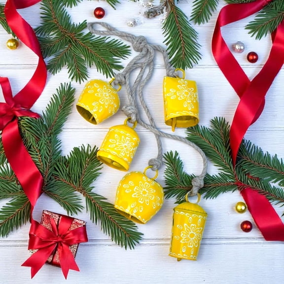 Vivanta Vintage 25” Decorative Bells for Home Decor - Set of 5 Antique Style Hanging Bells, Rustic Metal, Yellow Floral Wind Chime, Perfect for Mantel, Garland, Door & Christmas Decorations