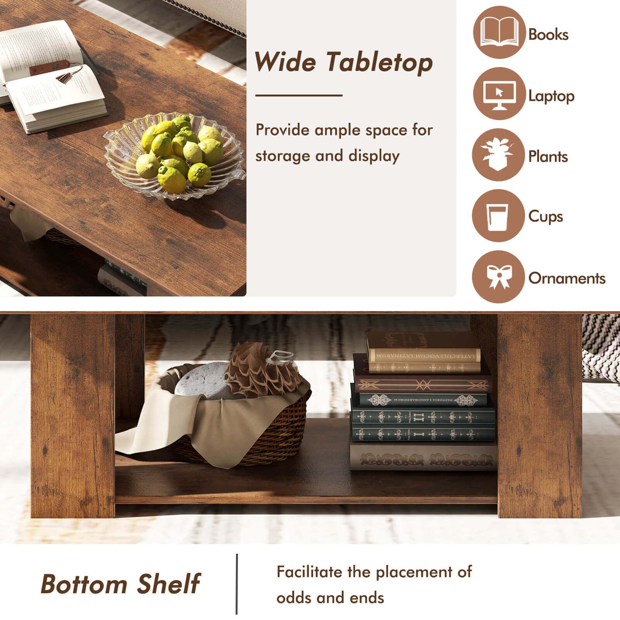 Costway Coffee Table 2-Tier Modern Center Cocktail Table with Storage Shelf for Living Room Brown