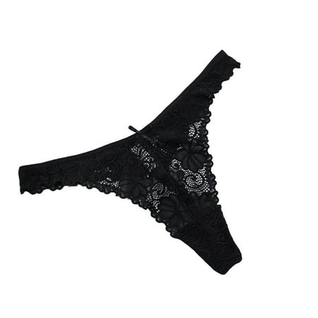 GEWSEY Women s Lace Bow Thongs T Back Low Waist Breathable Panties Sexy Seamless V-Shape Design Floral Lace tangas (Black  XL)