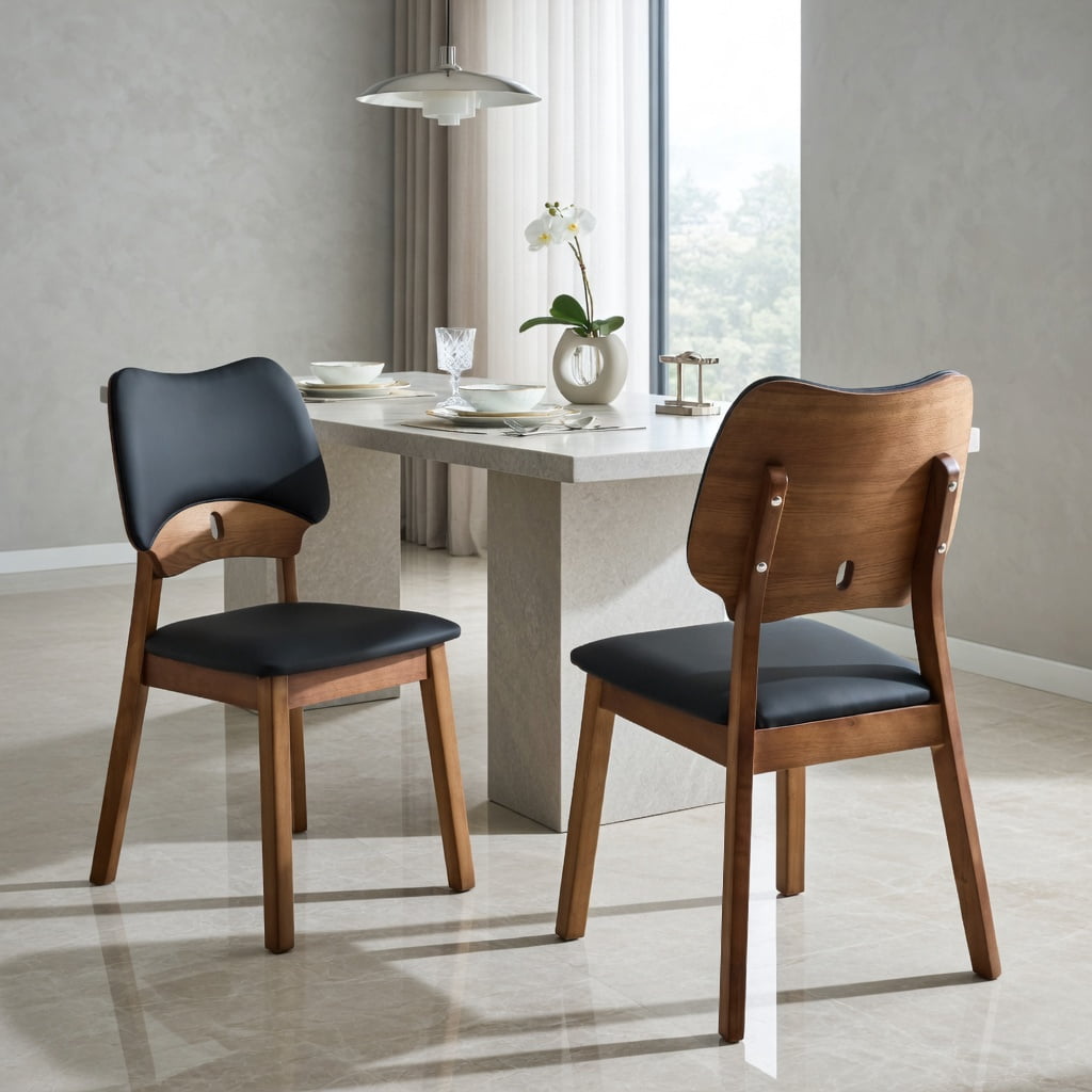 Hommoo 2-Pack Solid Wood Dining Chairs with PU Upholstered Seat & Backrest, Ergonomic Hollow-Back Design for Modern Home Dining, Black & Walnut
