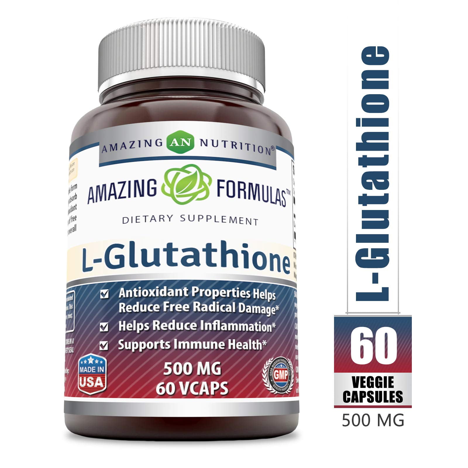 Amazing Formulas Reduced L-Glutathione - 500 Mg, 60 Veggie Capsules - Antioxidant Properties Helps Reduce Free Radical Damage - Helps Reduce Inflammation - Supports Immune Health