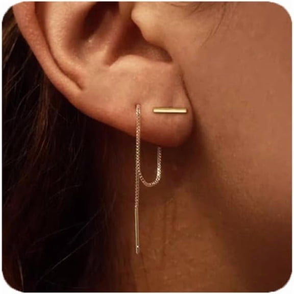 Gold Chain Threader Dangle Earrings for Women, 14K Gold Plated Long Tassel Drop Earrings, Hypoallergenic Lightweight Jewelry-gold-pattern1
