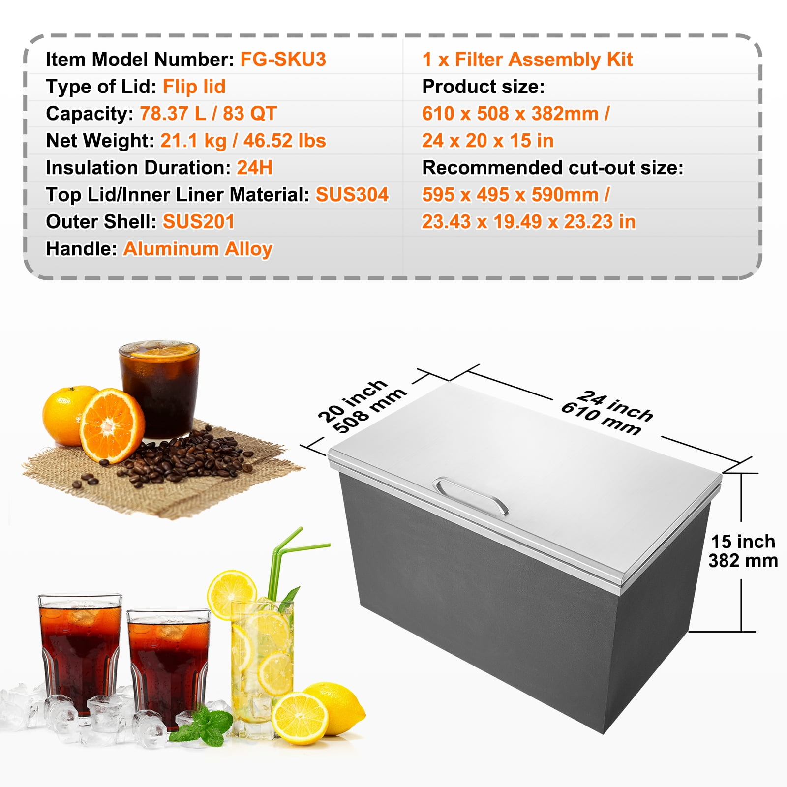 KFFKFF Stainless Steel Drop-In Ice Chest, 24"L x 20"W x 15"H, 40 qt Capacity with Hinged Lid, Outdoor Ice Cooler for Beverages, Includes Drain Pipe and Plug