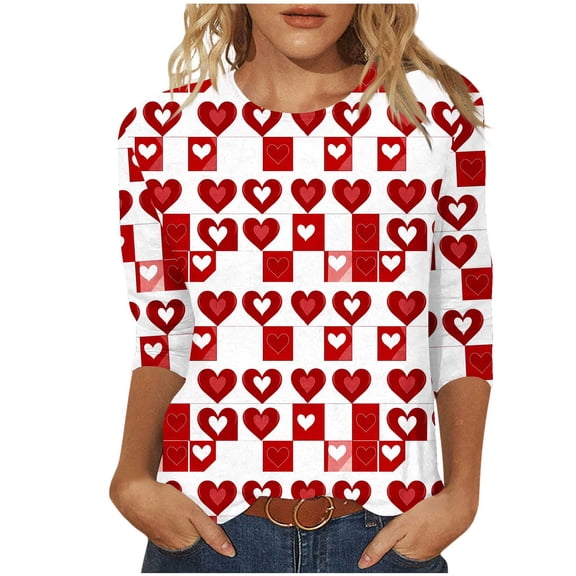 asdoklhq Valentine Plus Size Tops for Women Printing Blouses 3/4 Sleeve Round Neck Pullover Fashionable Top Red 3X