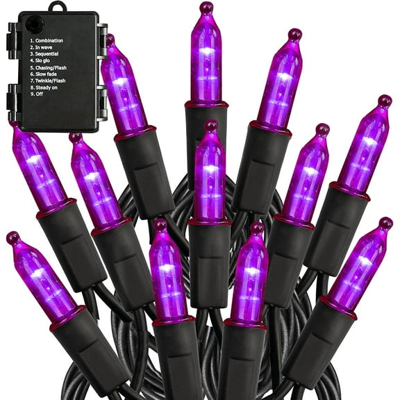 Battery Operated Halloween 50LED Mini String Lights,16 FT Waterproof Fairy Lights with 8 Lighting Modes & Timer, Xmas Decorations for Indoor Outdoor Garden Party Decor, Purple
