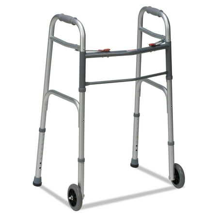 DMI Two-Button Release Folding Walker with Wheels, Silver/Gray, Aluminum, 32-38"H