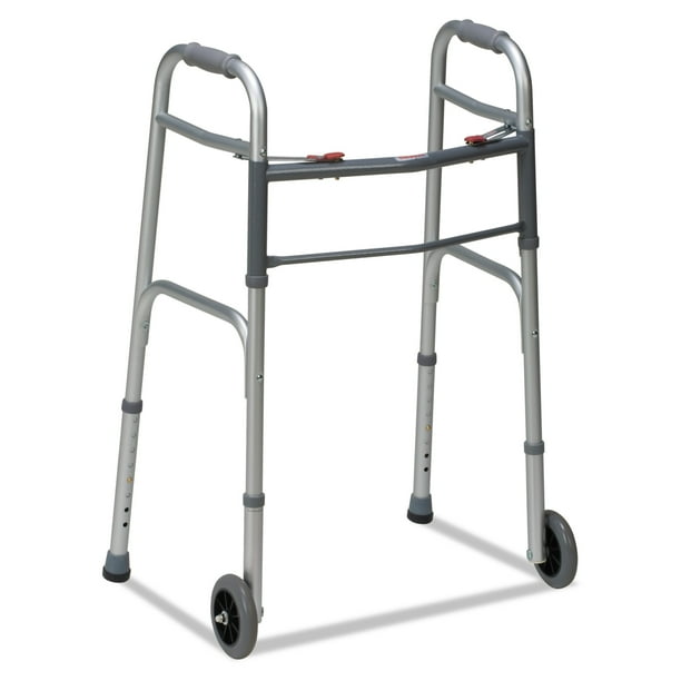 DMI TwoButton Release Folding Walker with Wheels, Silver/Gray
