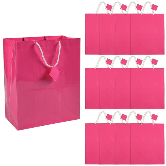 Fun Express 12" x 14 1/2" Extra Large Bright Pink Gift Bags with Gift Tag - 12 Pieces