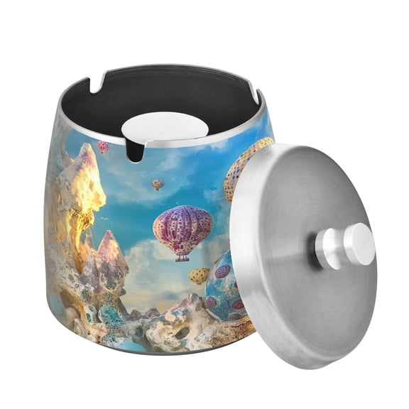 (9.3*9.3*9.7inch)Ashtray with Lid for Cigarette, Stainless Steel Smokeless Odorless Windproof Ashtrays, for Home Office Tabletop Outside Patio Outdoor Balcony Colorful Hot-air Balloon