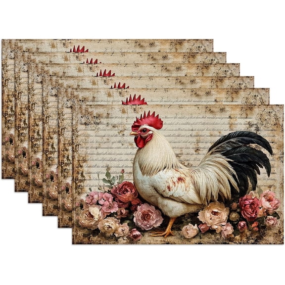 Vintage Rooster Floral Placemats Set of 6, Farmhouse Chicken Linen Place Mat Washable Stain Resistant Table Mats for Seasonal Kitchen Dining 12x18 Inch