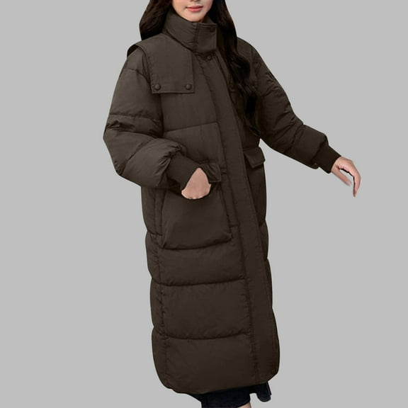 Fartey Winter Long Puffer Coat for Women Full Zip Hooded Padded Coats Loose Casual Solid Color Long Sleeve Jacket Thick Warm Winter Outerwear with Pockets