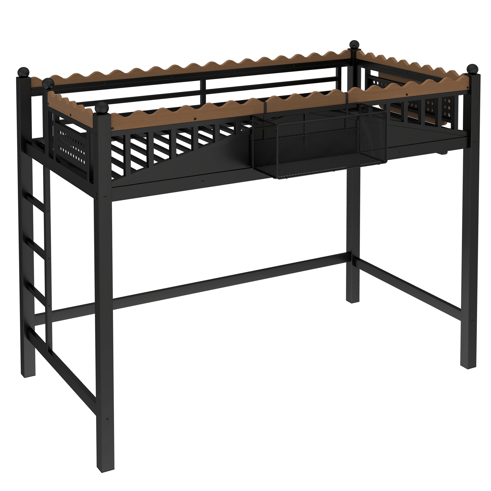 Twin XL Size Loft Bed with Ladder & Bookshelf, Metal Loft Bed Frame with Storage Shelves, Space-Saving Loft Bed for Dorms, Small Bedroom, Black