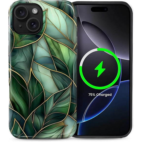 Magnetic Case for iPhone 15, Compatible with MagSafe Hybrid Heavy Duty 2 in 1 Full Body Rugged Shockproof Protection Glossy Case Green Leaves Stained Glass
