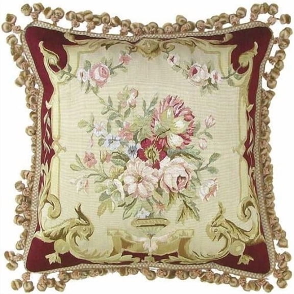 20"x20" Aubusson Throw Pillow Hand-Woven Silk, Gold/Red Flowers, Tassel Trim