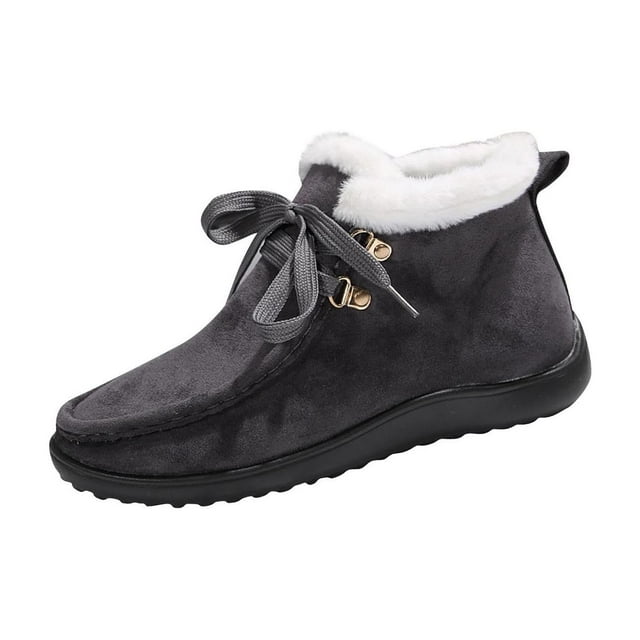 Gray Short Boots With Solid Color Round Toe Plus Warm Lace-Up Flat Ankle Style For Women Spring Wear Flock Comfort Fit