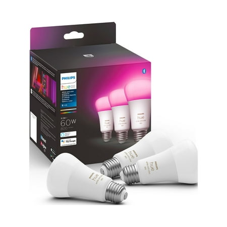Philips Hue 3-Pack White and Color Ambiance A19 Bluetooth LED Smart Bulbs, Multicolored