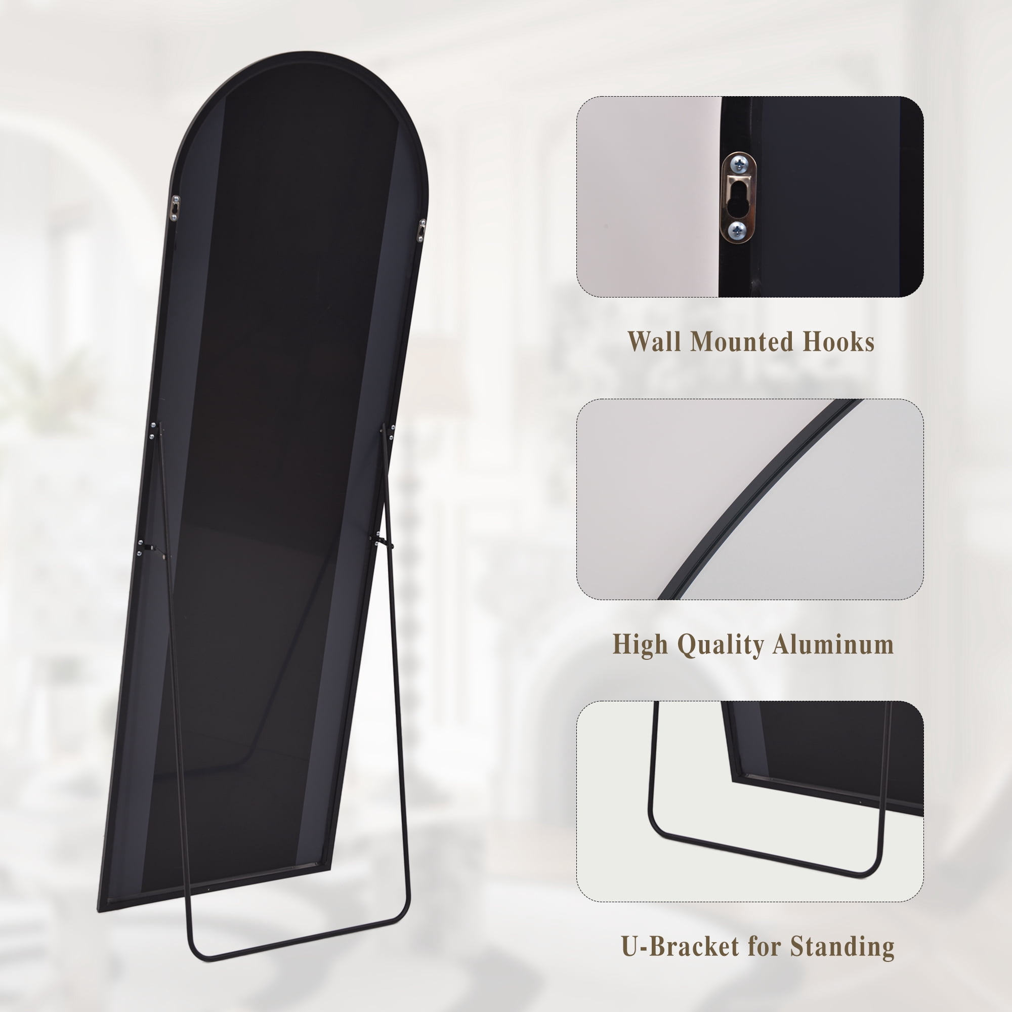 Anyrose 59.2"x16" Arched Full Length Mirror Free standing Floor Mirror Wall Mounted, Black