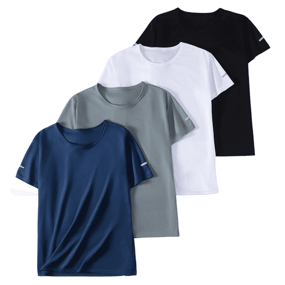 AKOEE 4 Pack Boys Athletic Tops Quick Dry Moisture Wicking Short Sleeve Performance Crewneck T-Shirts Summer (11-12 Years, Black/White/Gray/Navy)