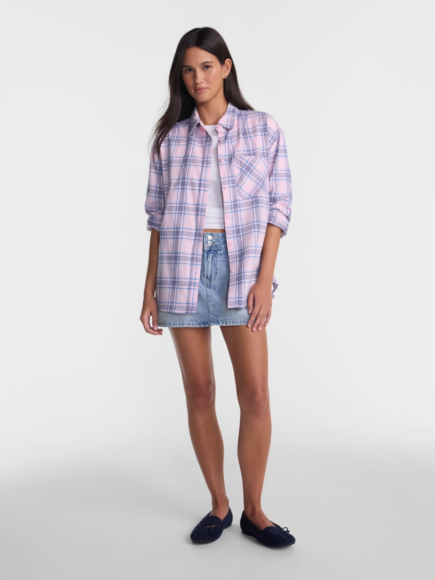 No Boundaries Plaid Flannel Shirt with Long Sleeves, Women's XXS-XXL