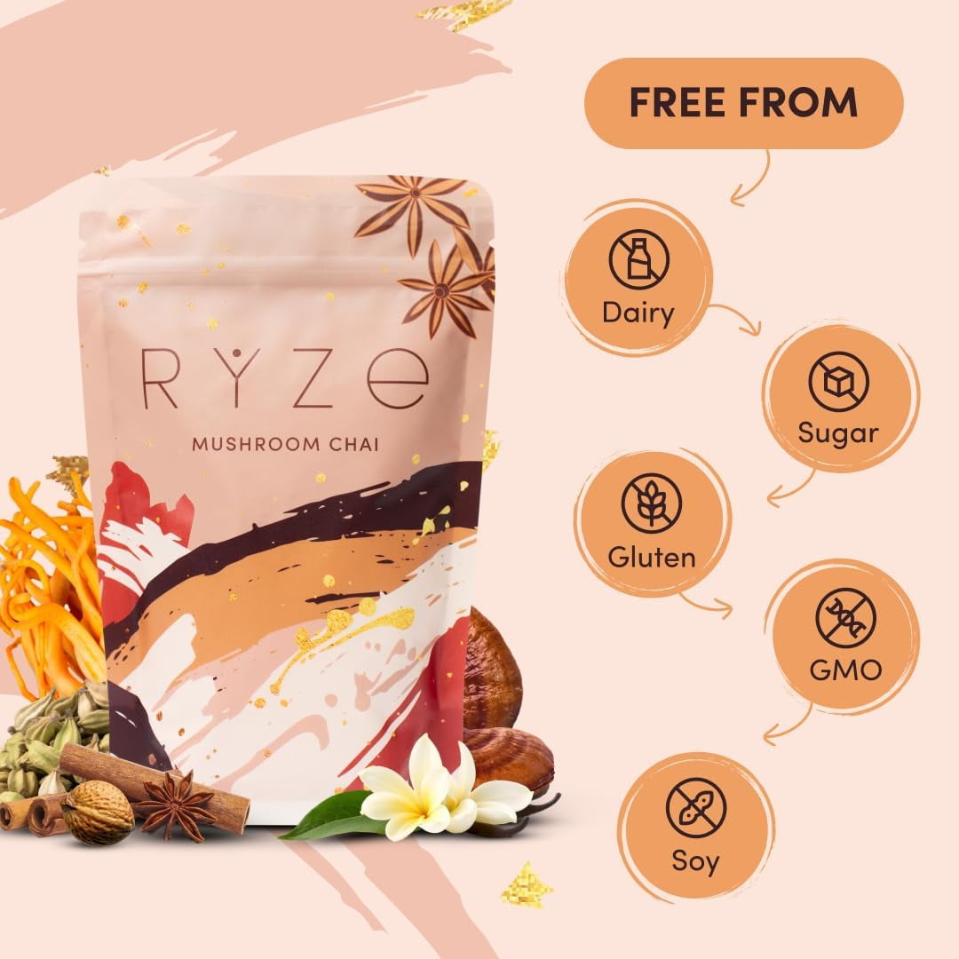 RYZE Mushroom Chai with 6 Organic Adaptogenic Mushrooms for Better Energy, Focus, Digestion, Immunity with Turkey Tail, Lion's Mane, Reishi 20 Serving