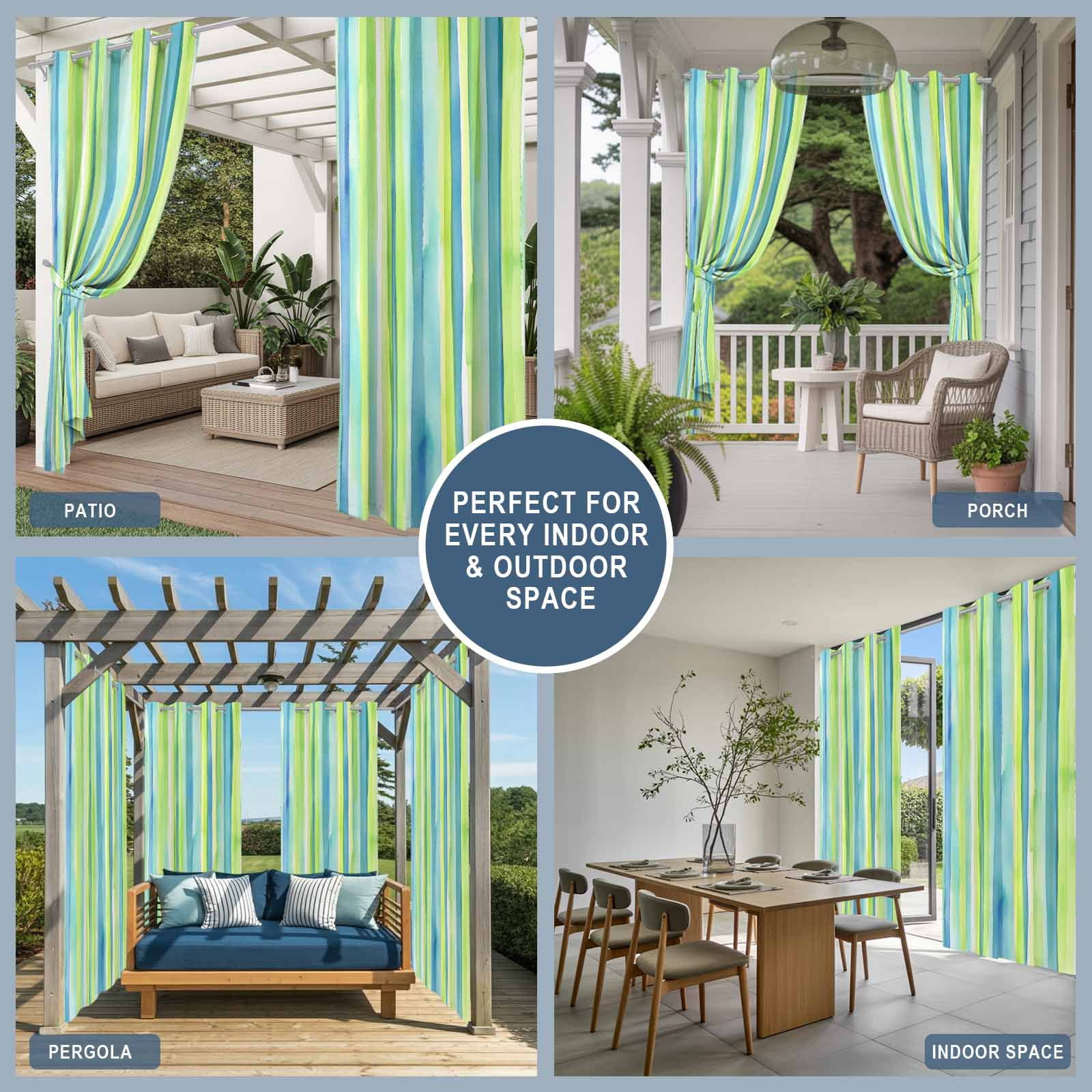 Green Yellow Striped Outdoor Curtains for Patio Waterproof, Abstract Art Watercolor Ombre Grommet Curtains for Porch Outside Privacy Drape for Gazebo Garden Pergola, 2 Panels, 54x84in
