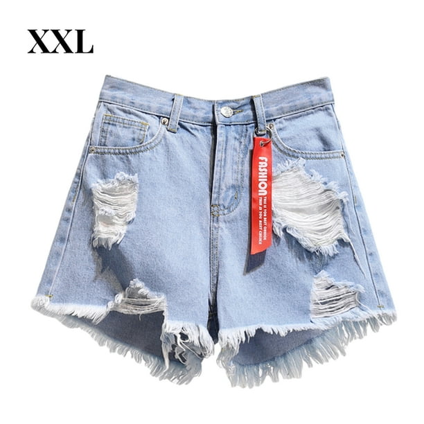 Pantalones cortos de mujer Vaqueros Cintura alta Agujeros destruidos Pantalones cortos con dobladillo deshilachado, Azul, XXL Vogacara AP001525-10B