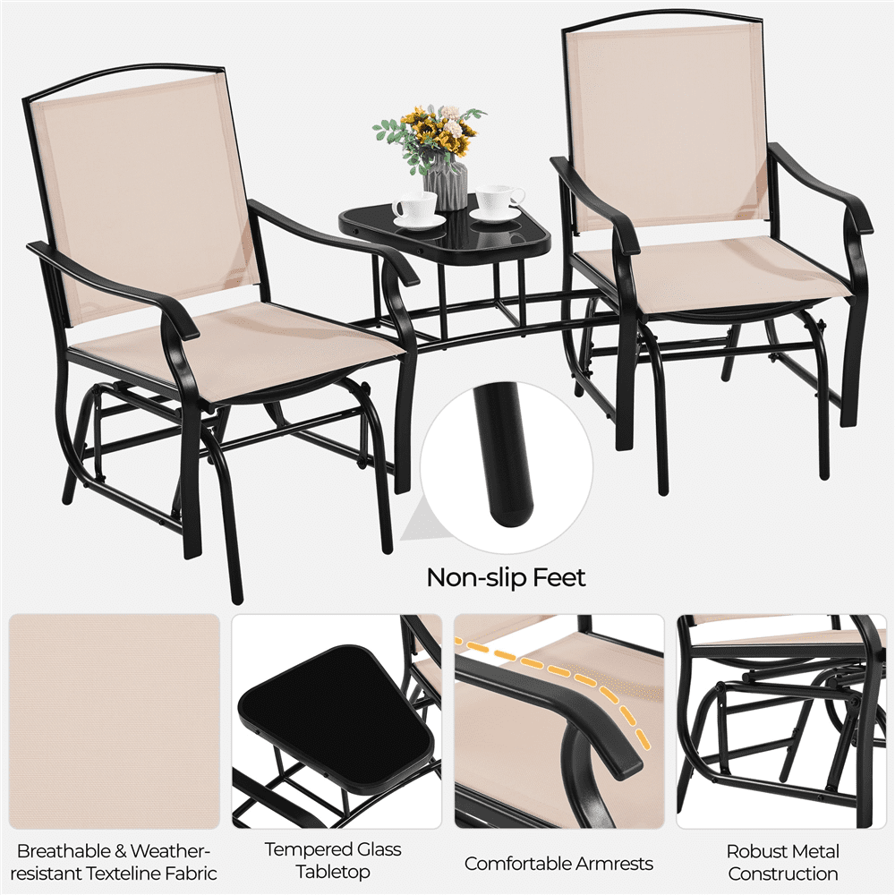 Alden Design 2-Person Texteline Patio Glider Chair W/ Table for Outdoor, Beige