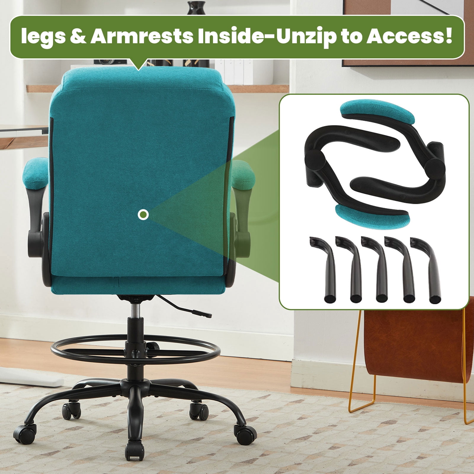 JONPONY Tall Office Chair for Standing Desk, Ergonomic High Office Chair with Adjustable Foot Ring, Flip-Up Armrests, Lumbar Support for Home office ,Blue