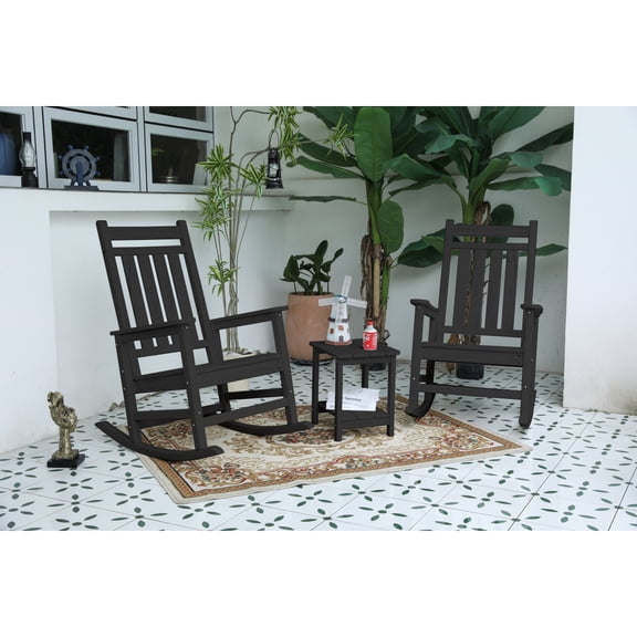 Newboti Furniture All Weather Rocking Chair Set with Side Table, 3-Piece Rocking Chair Set with Wood-Texture , Grey(includes 2 Rocking Chairs and 1 Table) BN.2745