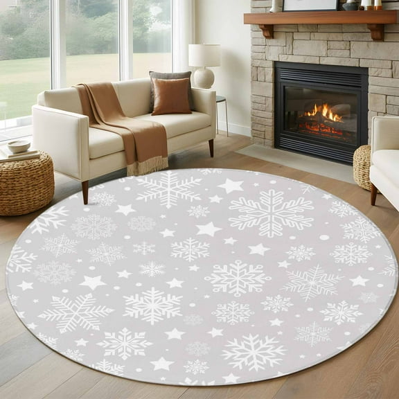 Grey Christmas Snowflakes Round Rug 5ft Washable Circle Kitchen Rugs Non Slip Xmas Winter Modern Large Area Rug Indoor Floor Carpet for Bedroom Living Room Home Office Dining Room Nursery