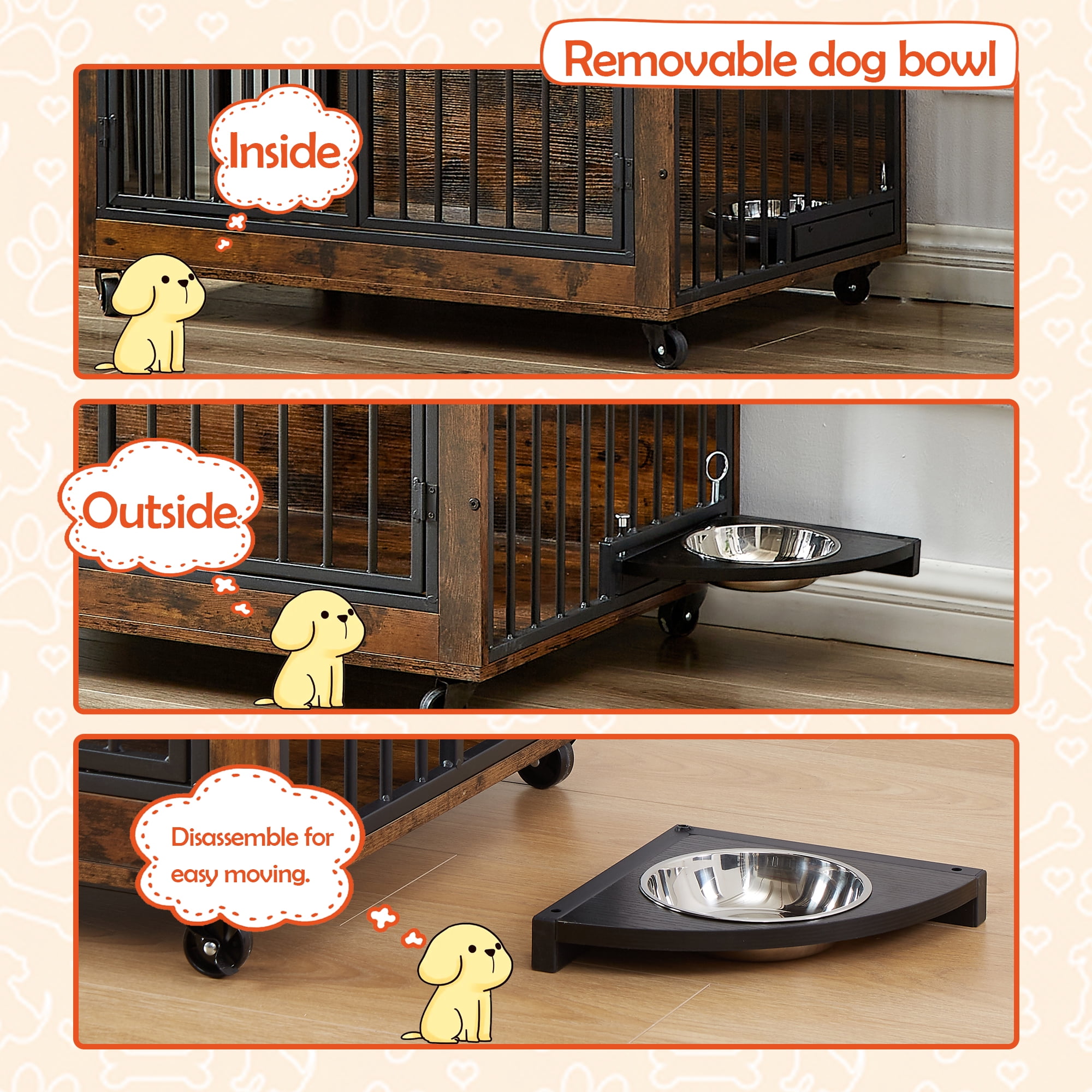 Pefilos 38" Dog Crate with Rotatable Feeding Bowl, Wheels, Three Doors Kennel Flip-Up Top Opening, Furniture Style Dog Cage for Indoor Dogs, Brown Pefilos 38" Dog Crate with Rotatable Feeding Bowl, Wheels, Three Doors Kennel Flip-Up Top Opening, Furniture Style Dog Cage for Indoor Dogs, Brown