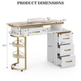 thumbnail image 3 of Manicure Table for Nail Tech, Glass Top Nail Desk Station w/4 Drawers & 2-Tier Storage Shelves, Salon Beauty Workstation Acetone Resistant w/Wrist Cushion, Golden Handles (White), 3 of 7