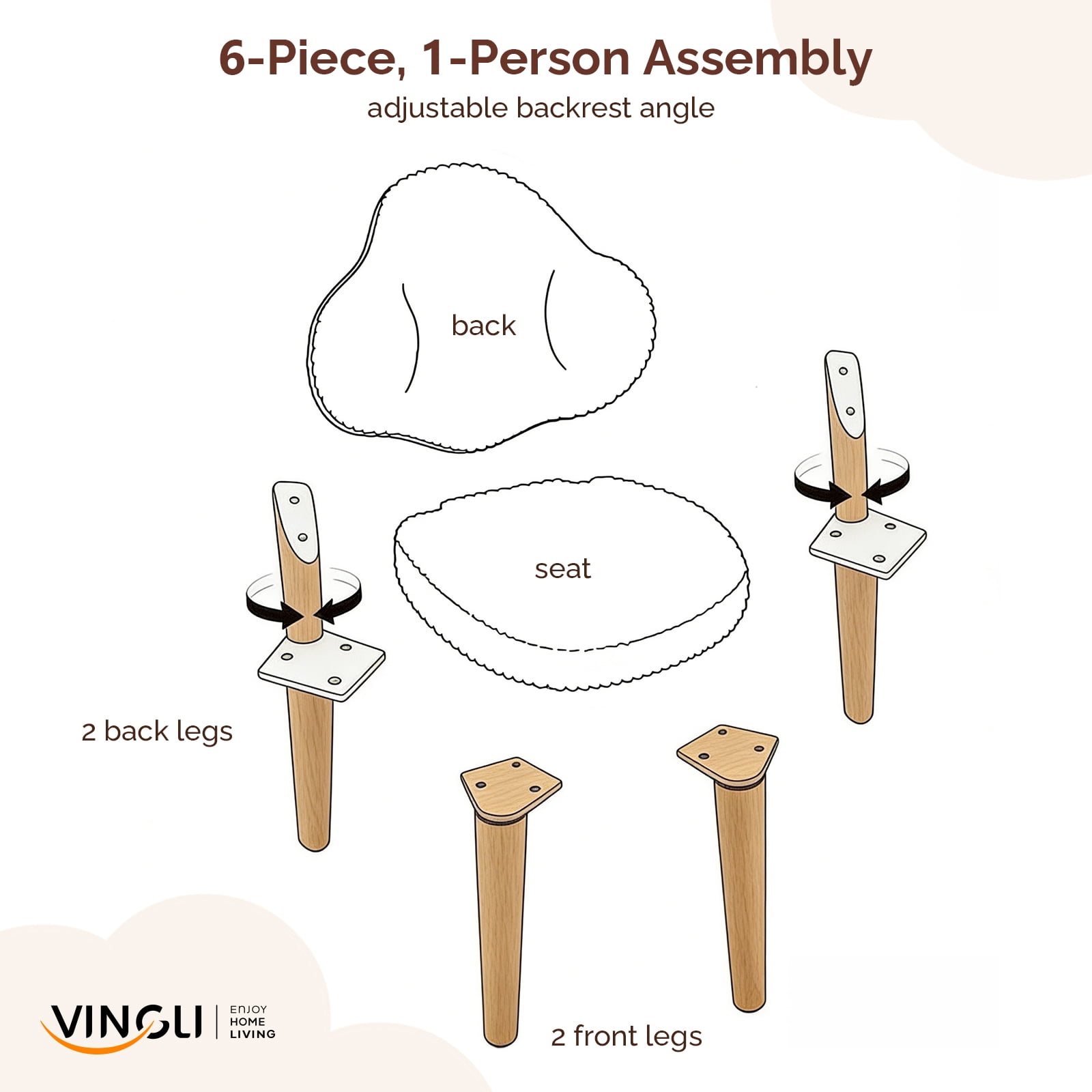 Ktaxon Blended Chenille Armless Vanity Chair Cloud Backrest Desk Chair, Rubber Wood Makeup Chair for Bedroom Living Room Office Reading Room White